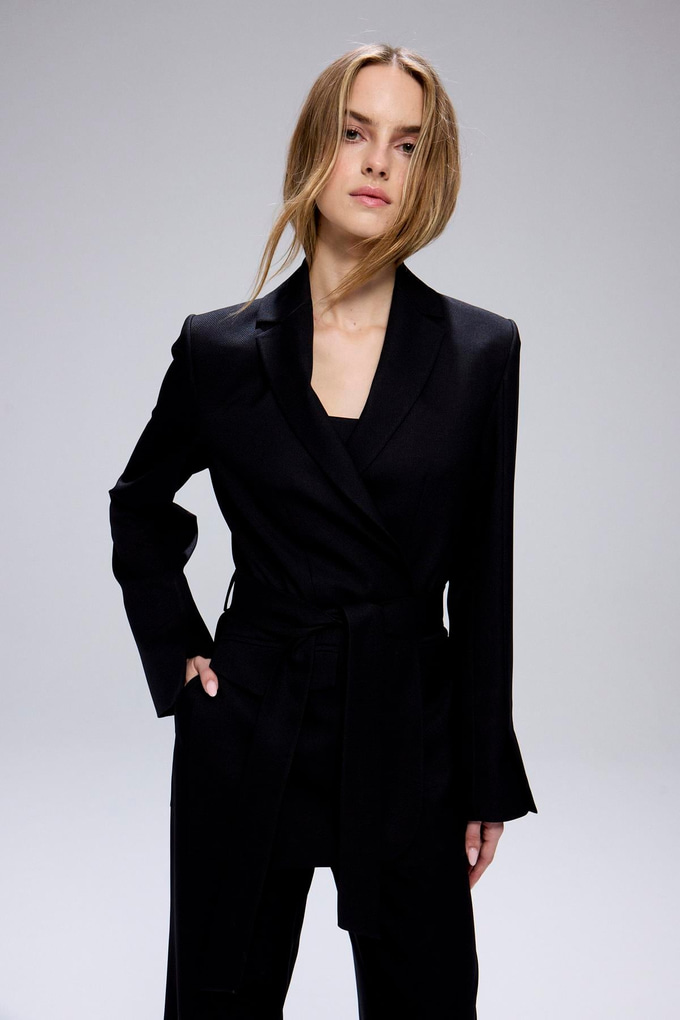 Belted Long Sleeve Black Coat