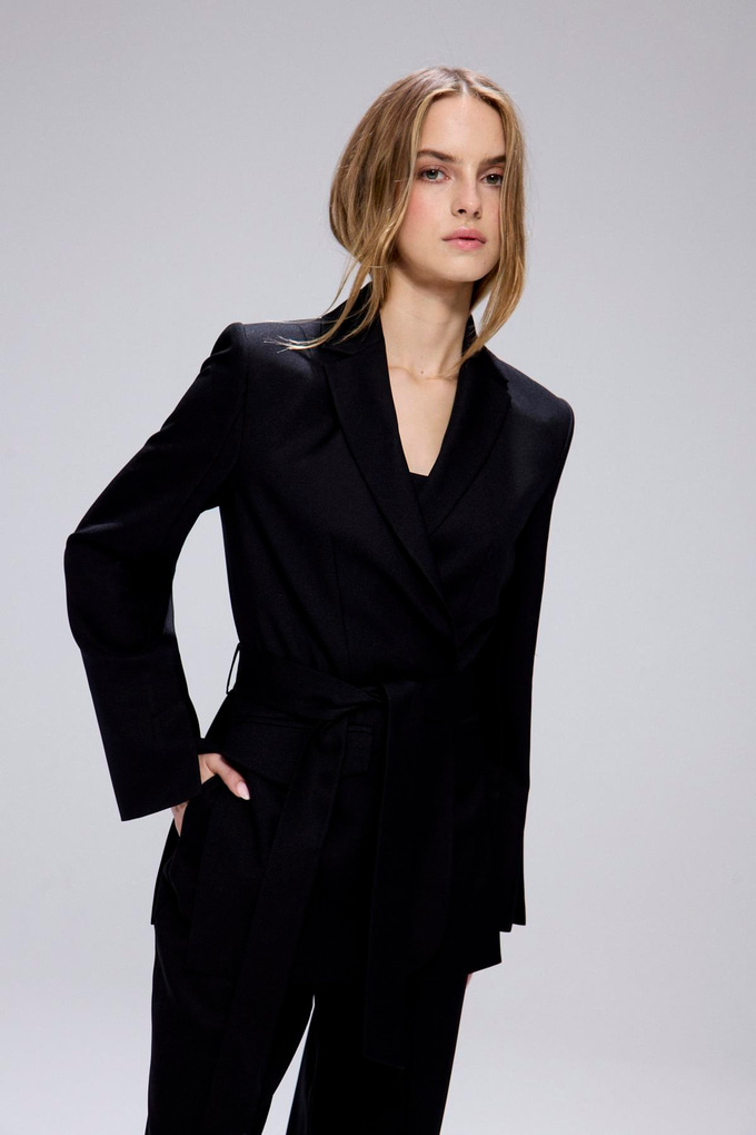 Belted Long Sleeve Black Coat