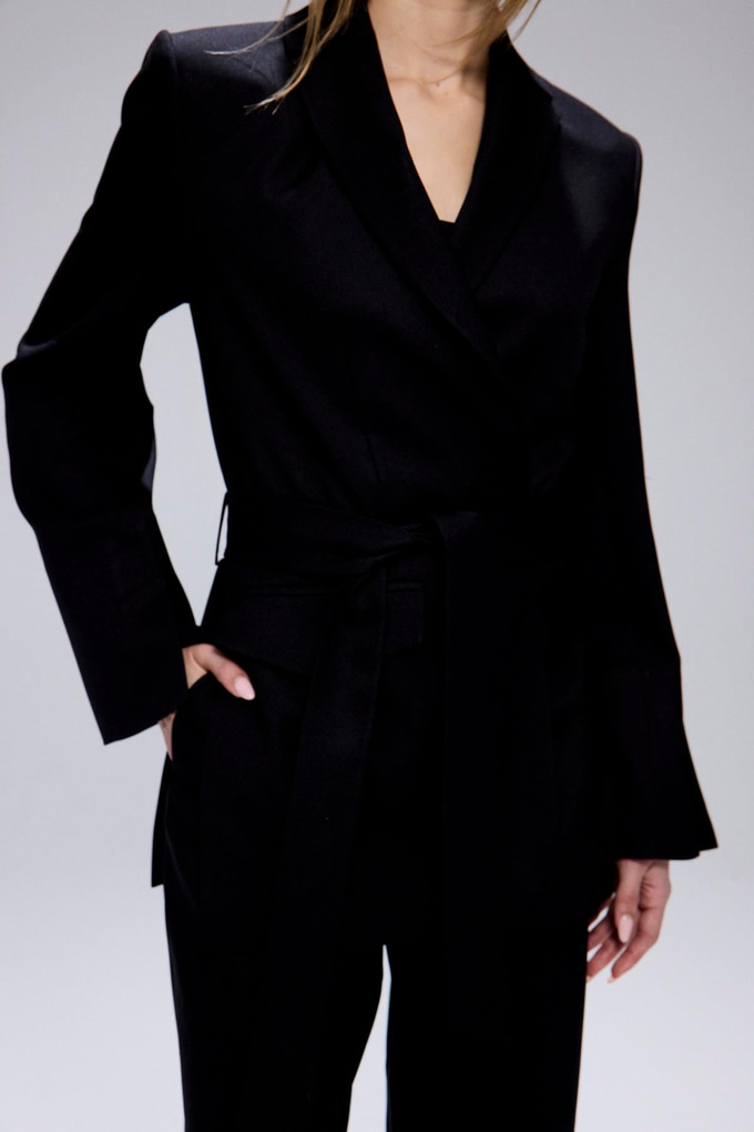 Belted Long Sleeve Black Coat