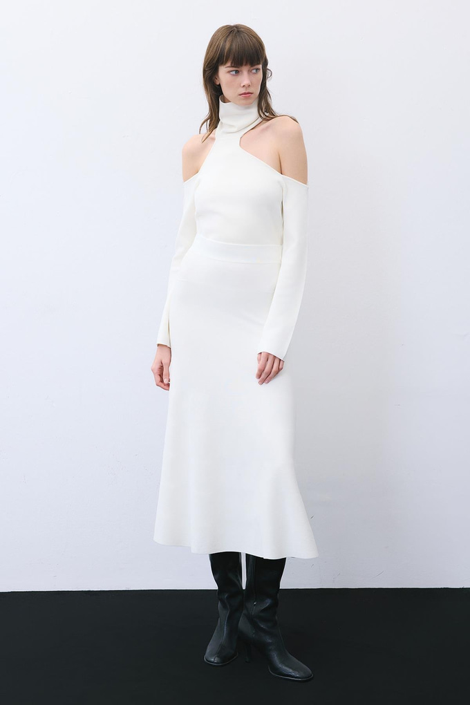 Ecru Knit Midi Skirt with Elastic Waist