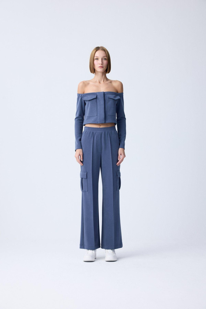 Beli Lastikli Örme Mavi Pantolon