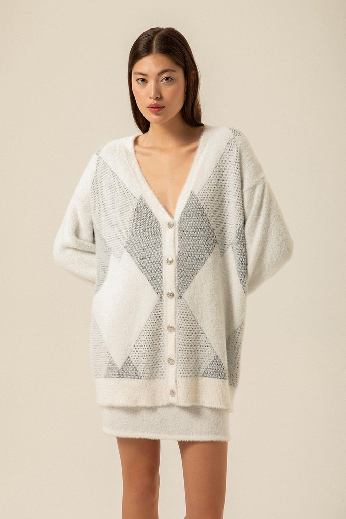 Blok Desenli Siyah Triko Hırka