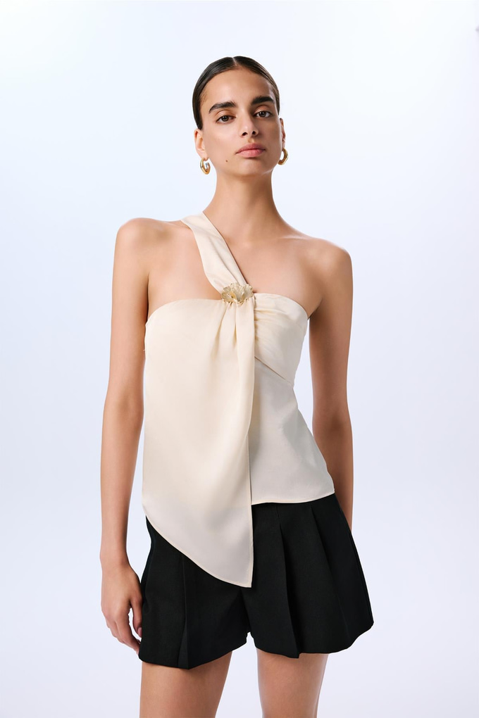 Broş Detaylı Şık Bej Bluz