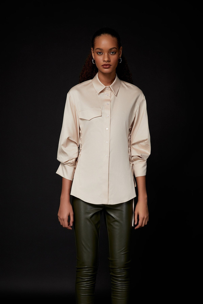 Gathered Detailed Poplin Beige Shirt