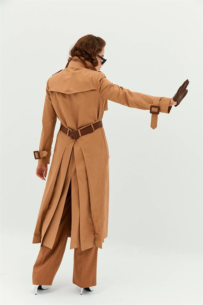 Trench Coat With A Faux Leather Belt Detail Camel