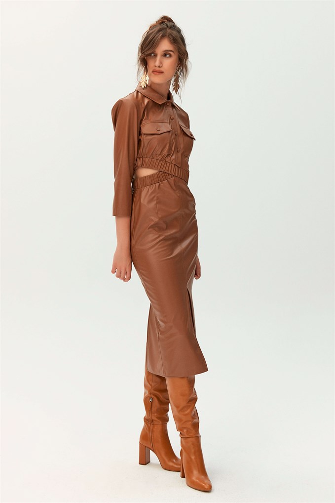 chinese dress ladies Unforgettable Faux Leather Dress-Camel – Ginger Bee Boutique main image 0