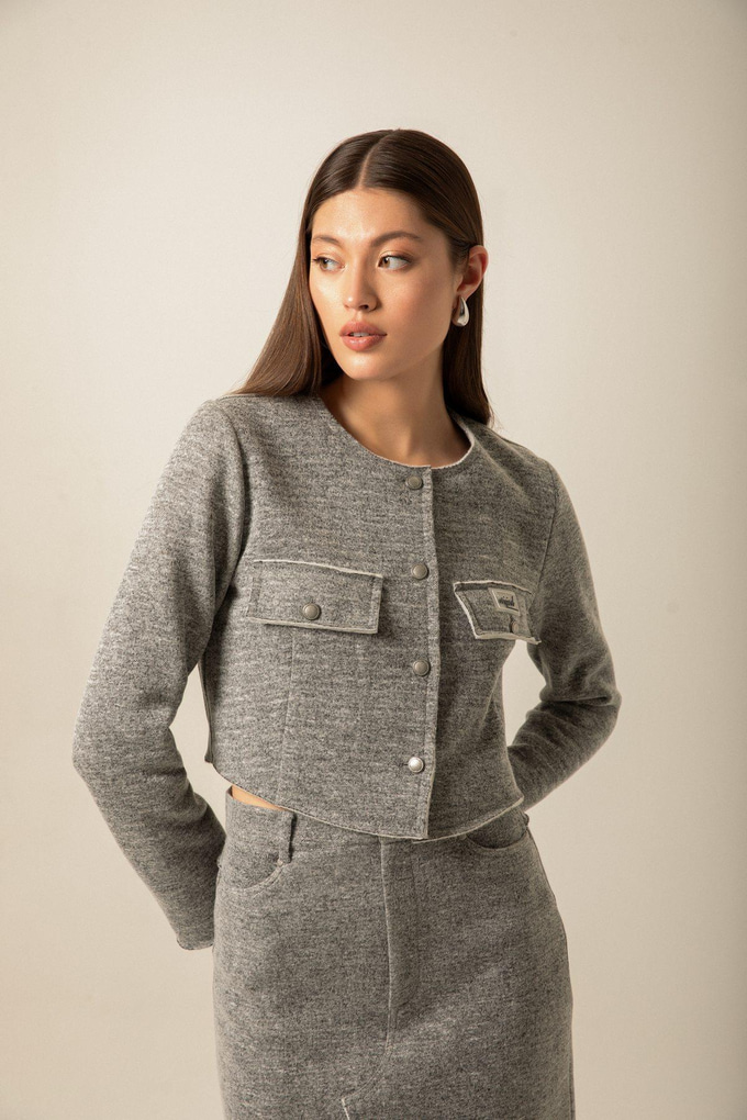 Pocket Flap Detail Knitted Gray Jacket