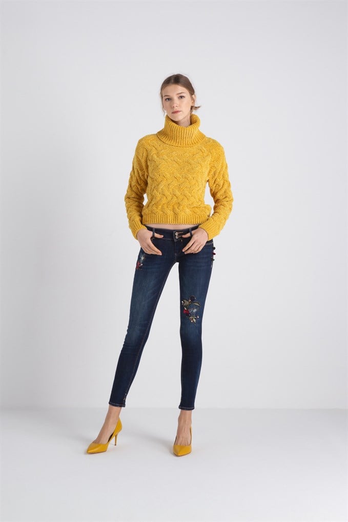 Çiçek Nakışlı, Skiny Jean Pantolon Cleanblue Renk