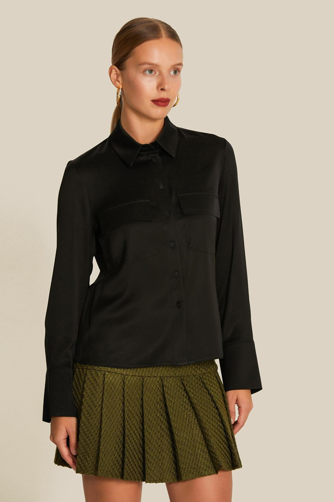 Double Pocket Detailed Satin Black Shirt