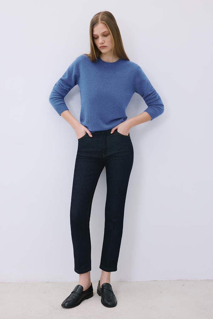 Navy Striped Denim High Waist Pants