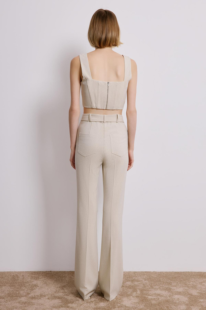 Çizgili İspanyol Paça Ekru Pantolon