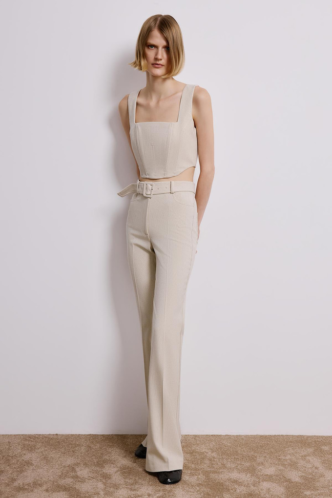 Çizgili İspanyol Paça Ekru Pantolon
