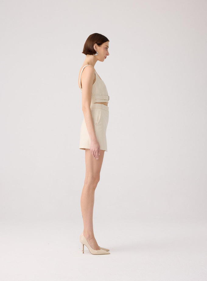 Çizgili Yün Dokulu Askılı Ekru Büstiyer