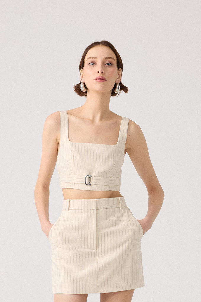 Çizgili Yün Dokulu Askılı Ekru Büstiyer