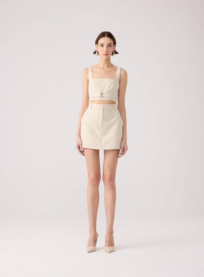 Çizgili Yün Dokulu Askılı Ekru Büstiyer