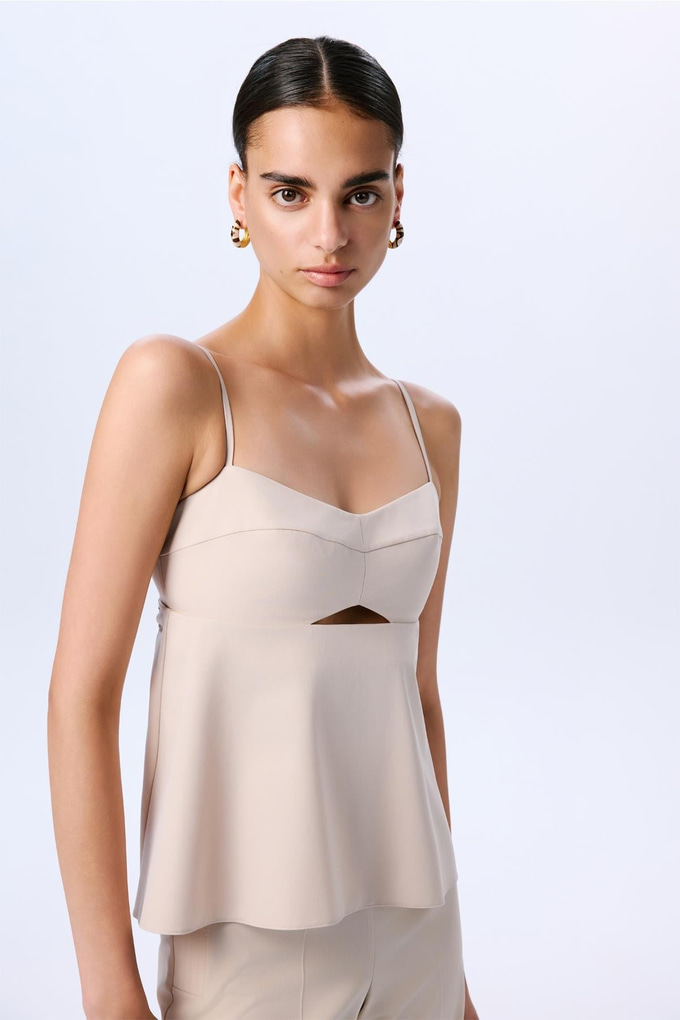 Draped Detailed Strappy Taupe Blouse  