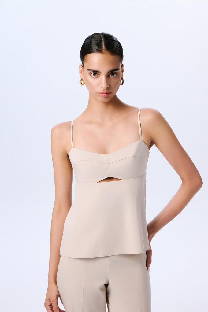 Draped Detailed Strappy Taupe Blouse  