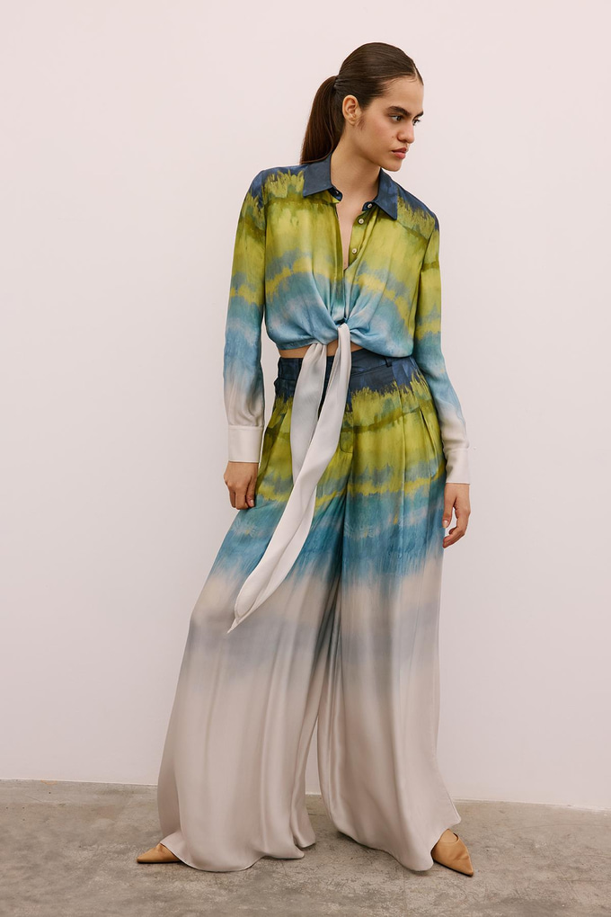 Degrade Desenli Bol Paça Yeşil Pantolon