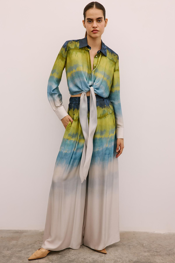 Degrade Desenli Bol Paça Yeşil Pantolon