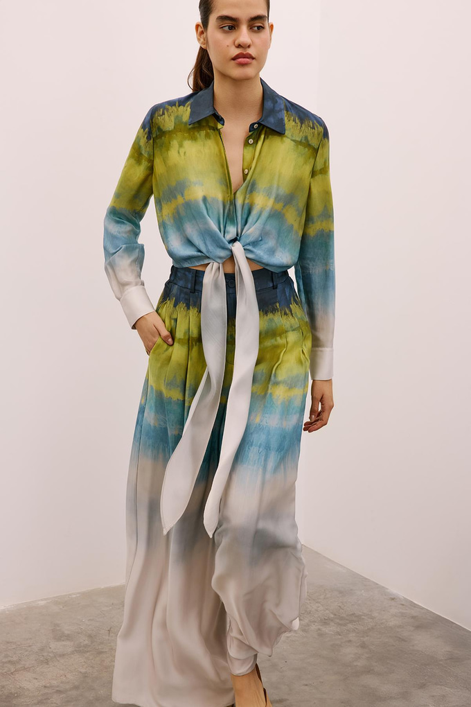 Degrade Desenli Bol Paça Yeşil Pantolon