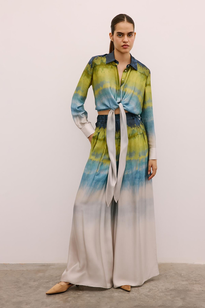 Degrade Desenli Bol Paça Yeşil Pantolon