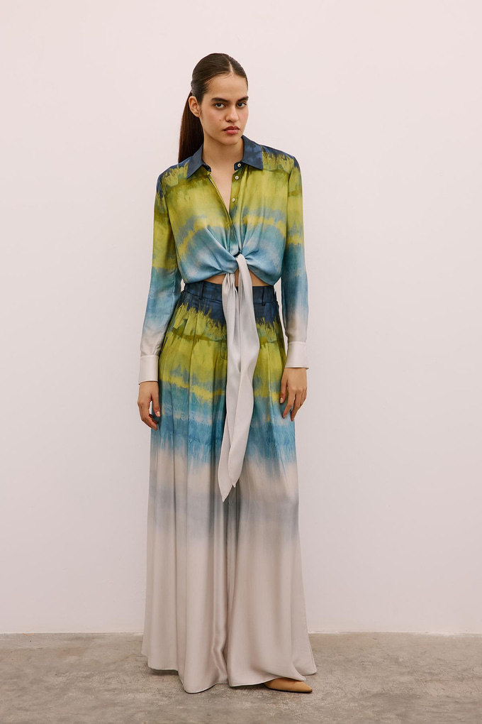 Degrade Desenli Bol Paça Yeşil Pantolon