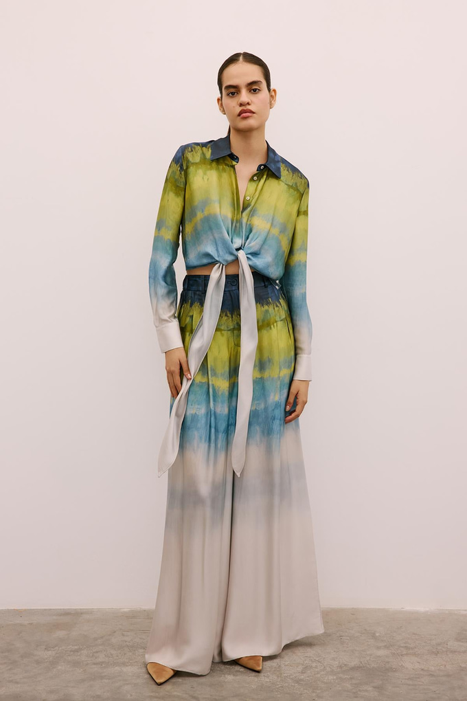 Degrade Desenli Bol Paça Yeşil Pantolon