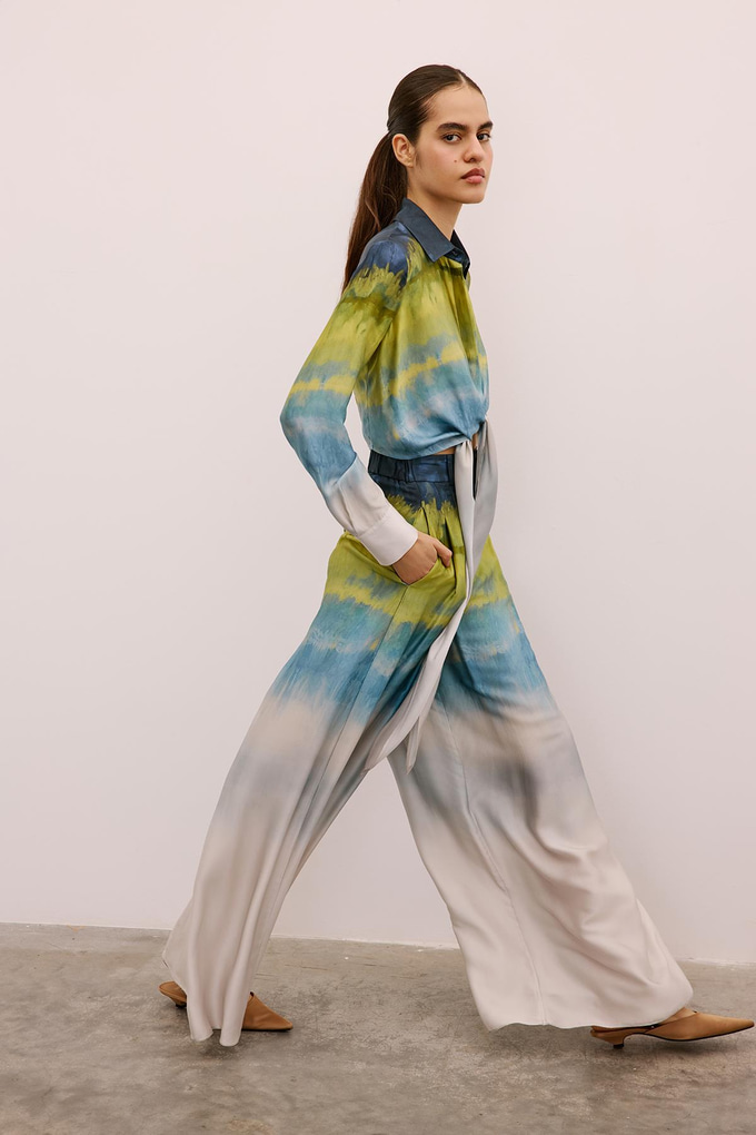 Degrade Desenli Bol Paça Yeşil Pantolon