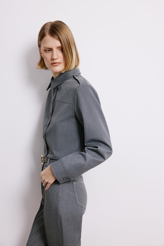Denim Dokulu Gri Uzun Kollu Gömlek