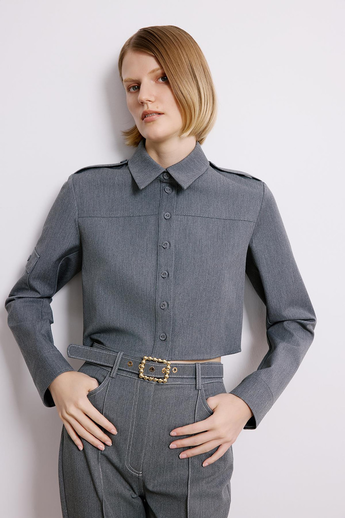 Denim Dokulu Gri Uzun Kollu Gömlek