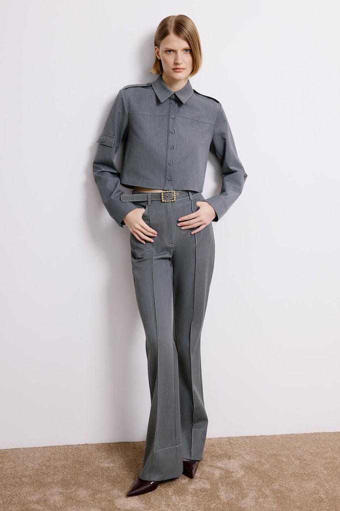 Denim Dokulu Gri Uzun Kollu Gömlek