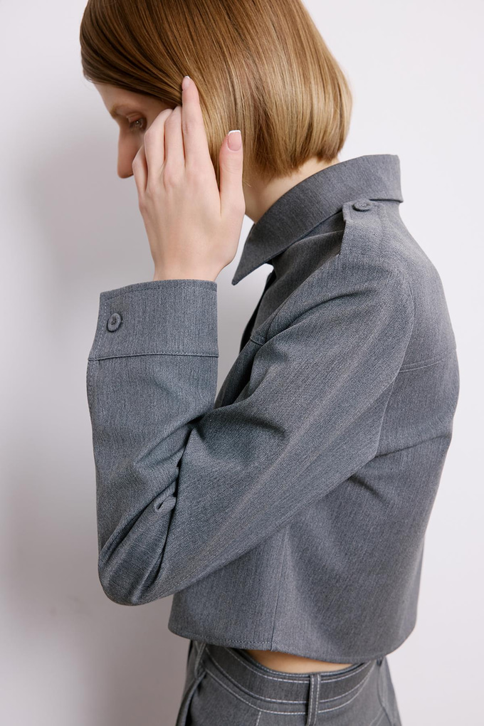 Denim Dokulu Gri Uzun Kollu Gömlek