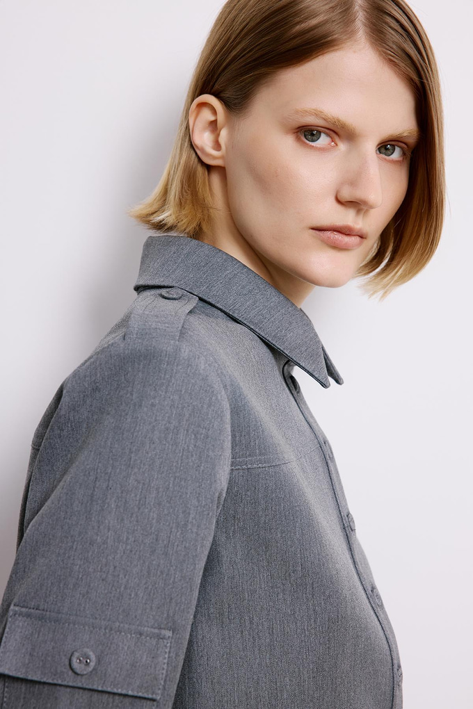 Denim Dokulu Gri Uzun Kollu Gömlek