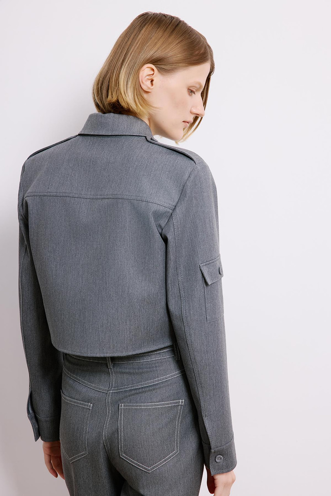 Denim Dokulu Gri Uzun Kollu Gömlek