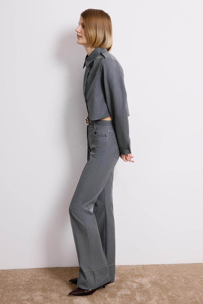 Denim Dokulu Gri Uzun Kollu Gömlek