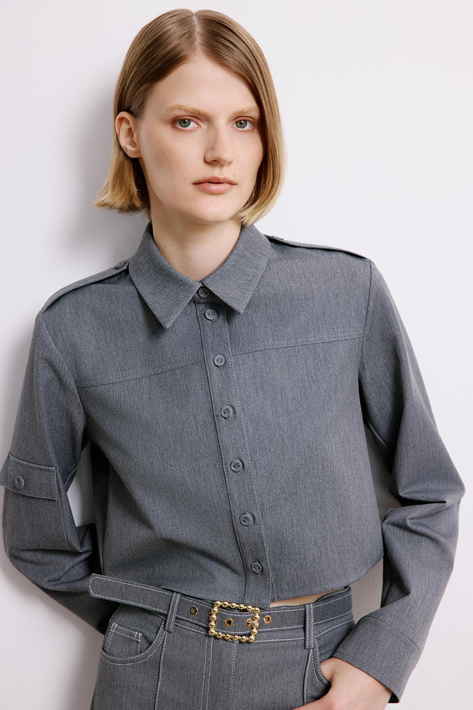 Denim Dokulu Gri Uzun Kollu Gömlek