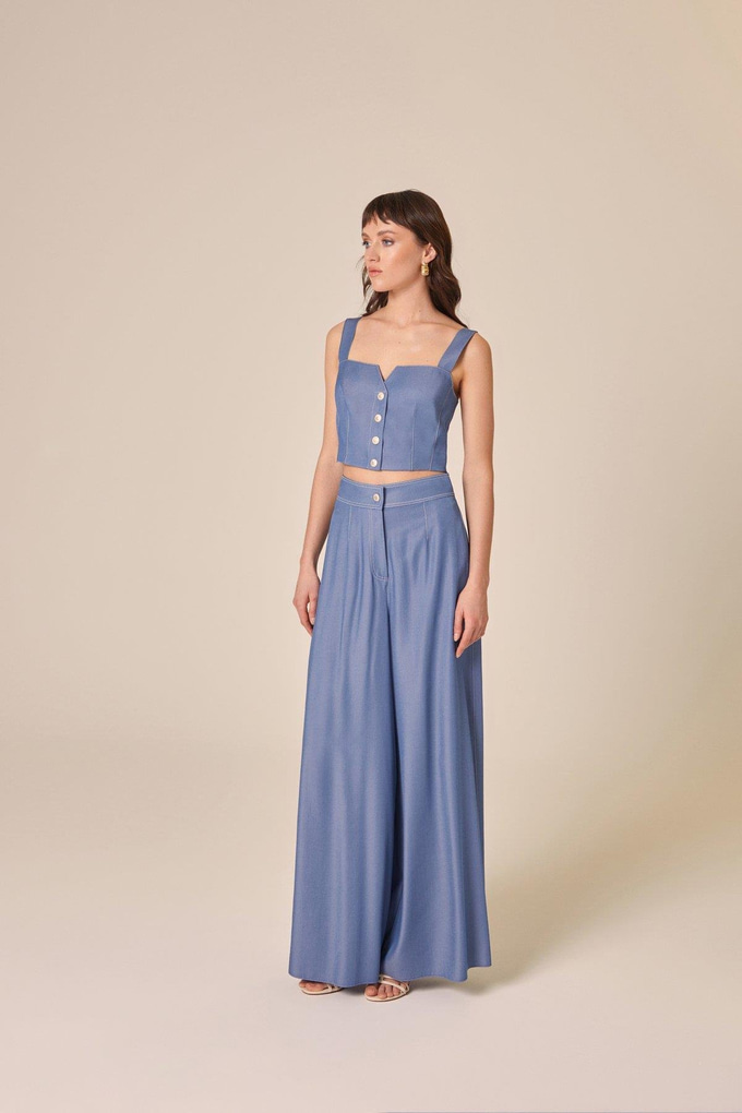 Denim Effect Wide Leg Indigo Trousers