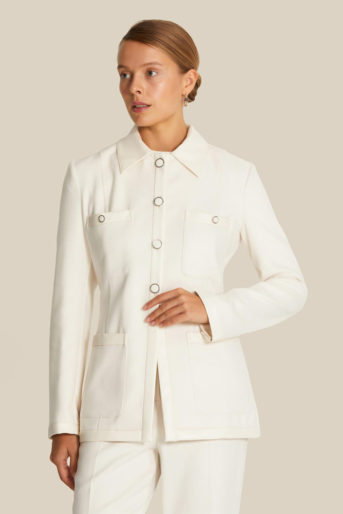 Leather Trim Detailed Wool Ecru Jacket