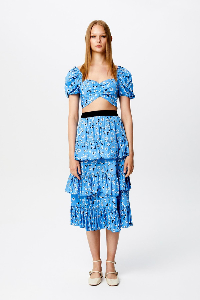 Printed Ruffled Blue Skirt