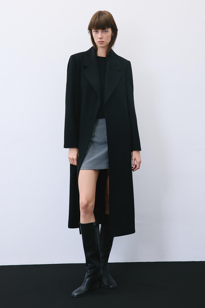 Black Cashmere Midi Coat with Stitch Details