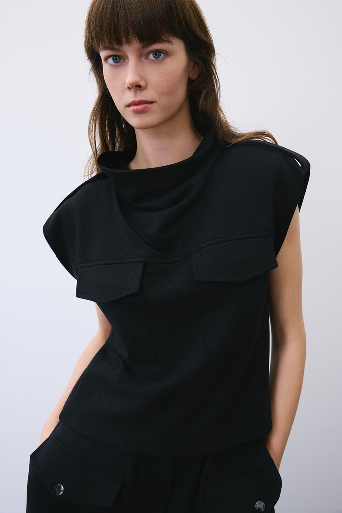 Black Wool Knit Blouse with Stitch Detail