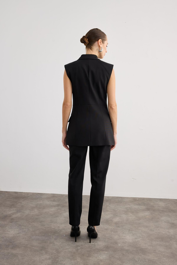 Button Detail Sleeveless Black Vest