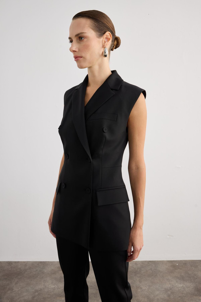 Button Detail Sleeveless Black Vest