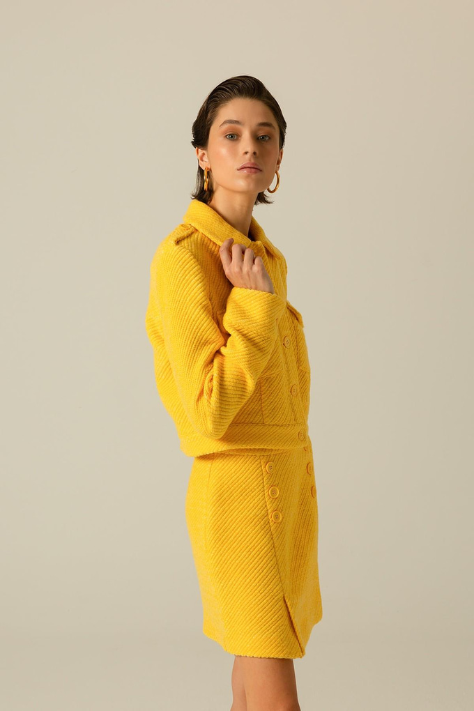 Düğme Detaylı Sarı Mini Tüvit Etek