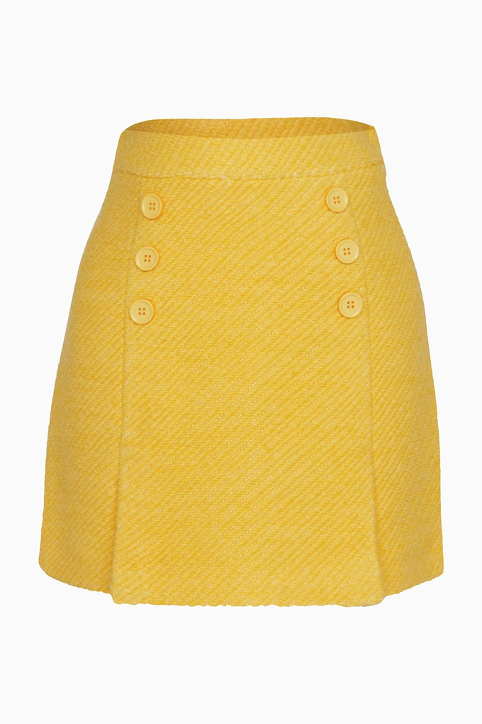 Düğme Detaylı Sarı Mini Tüvit Etek