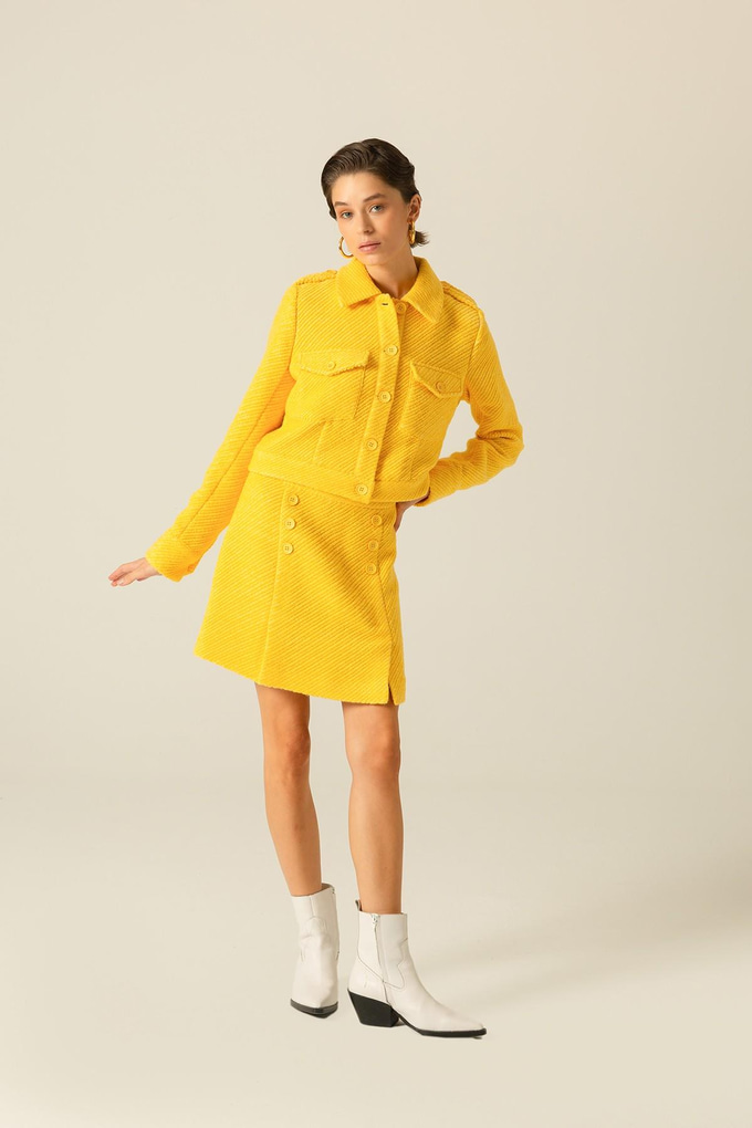 Düğme Detaylı Sarı Mini Tüvit Etek