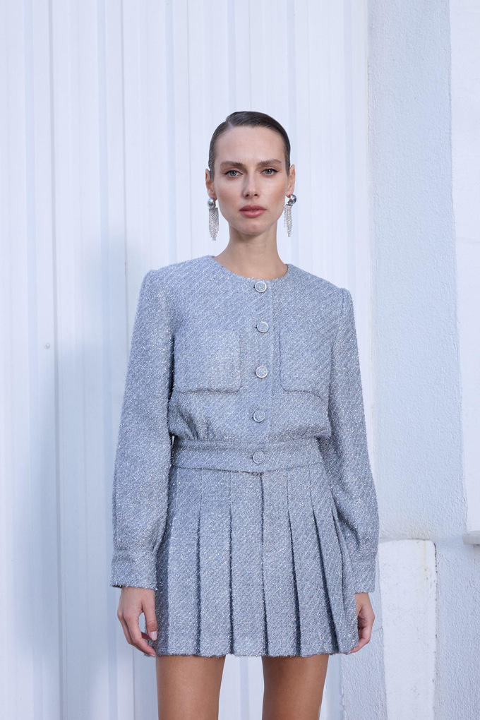 Button Detailed Shimmery Grey Short Jacket