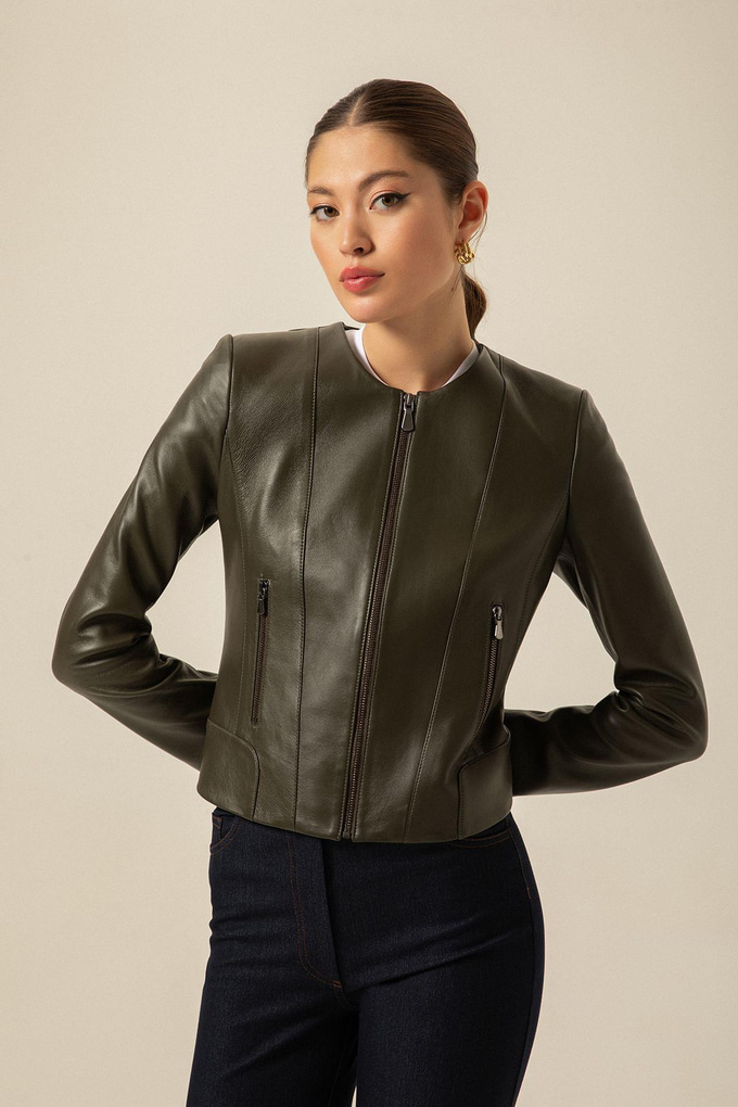 Zip Detail Khaki Leather Jacket