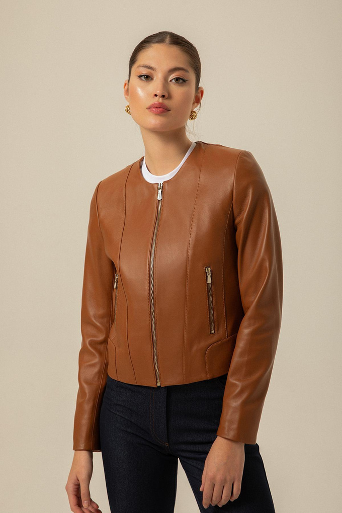 Zip Detail Tan Leather Jacket