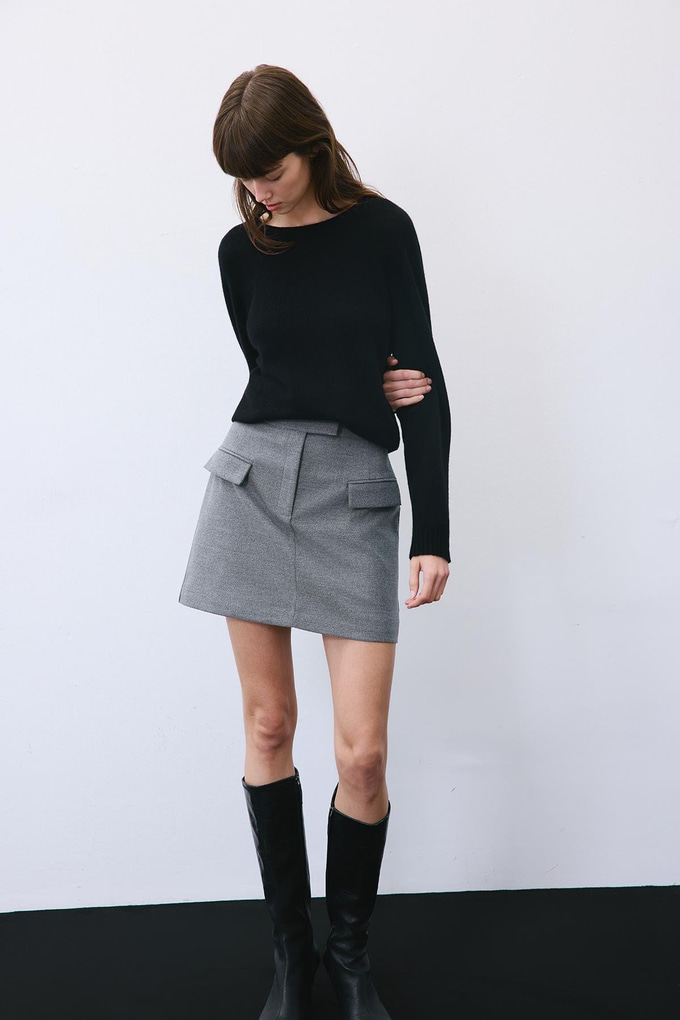 Gray Belted Mini Skirt with Zipper